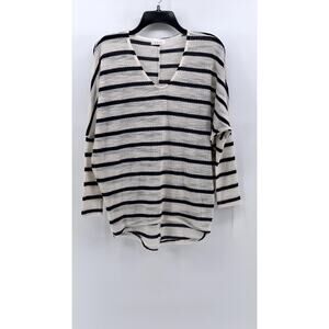 ENTI CLOTHING Women's White-Navy Striped Oversized V-Neck Long Sleeve Top SZ S